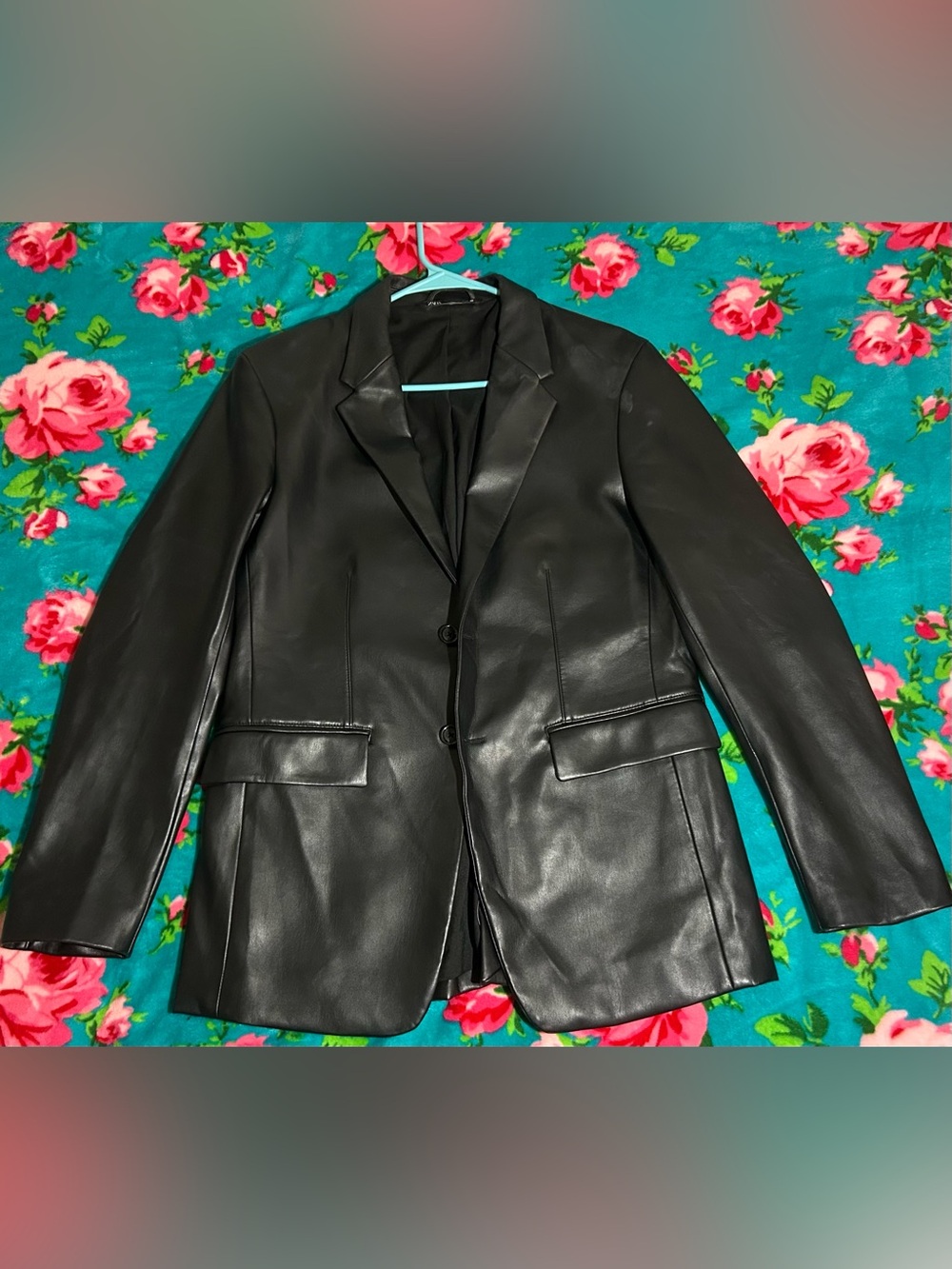 Zara Women's Black Faux Leather Blazer Jacket - Tailored Single-Breasted